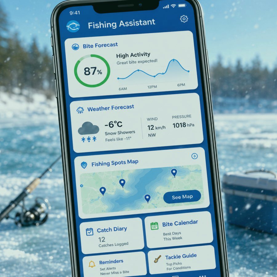 Fishing Assistant app screen with forecast and map